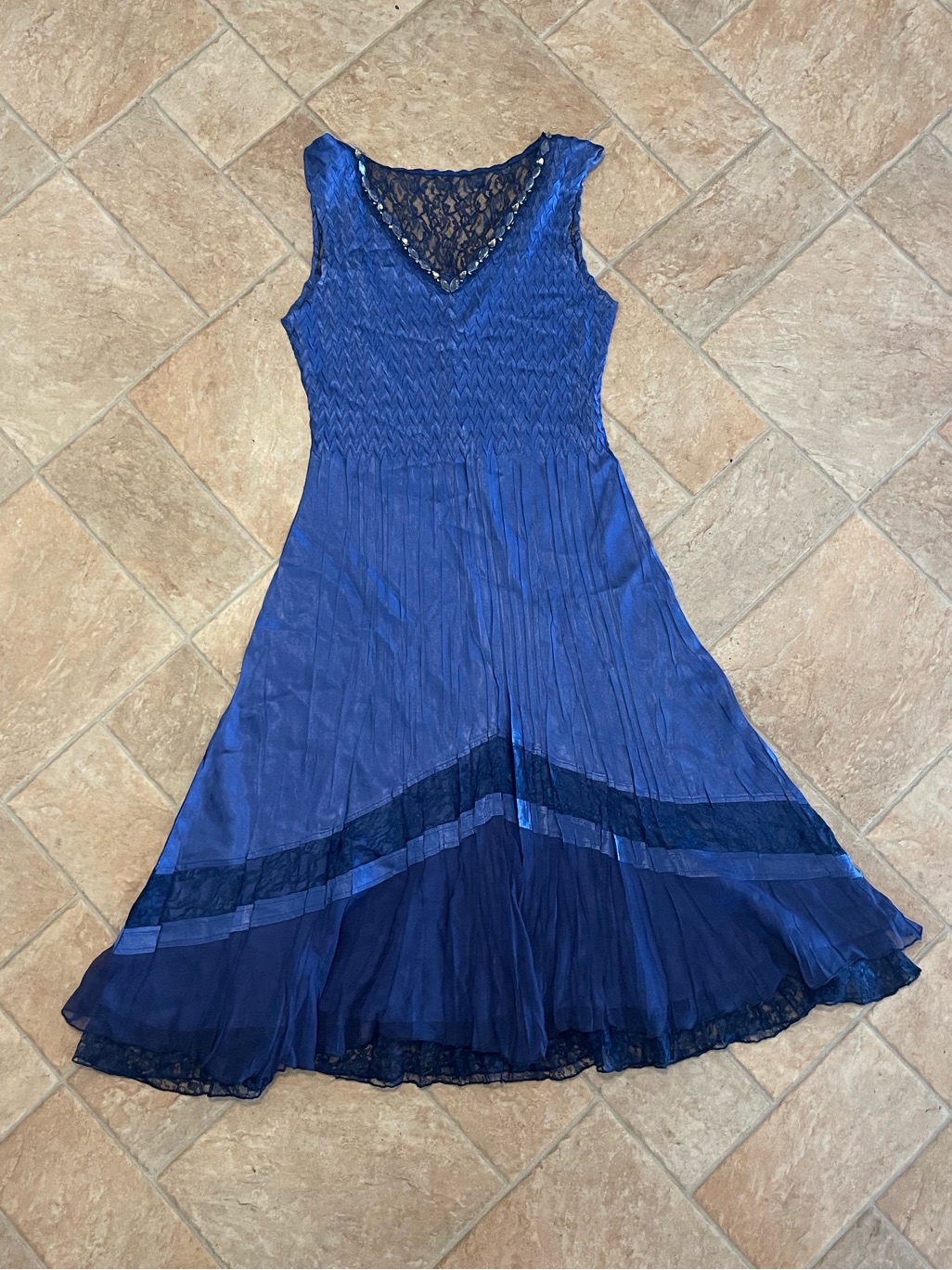 Komarov Blue Crinkled Satin Sleeveless Lace-Trim A-Line Dress Beaded Rhinestones